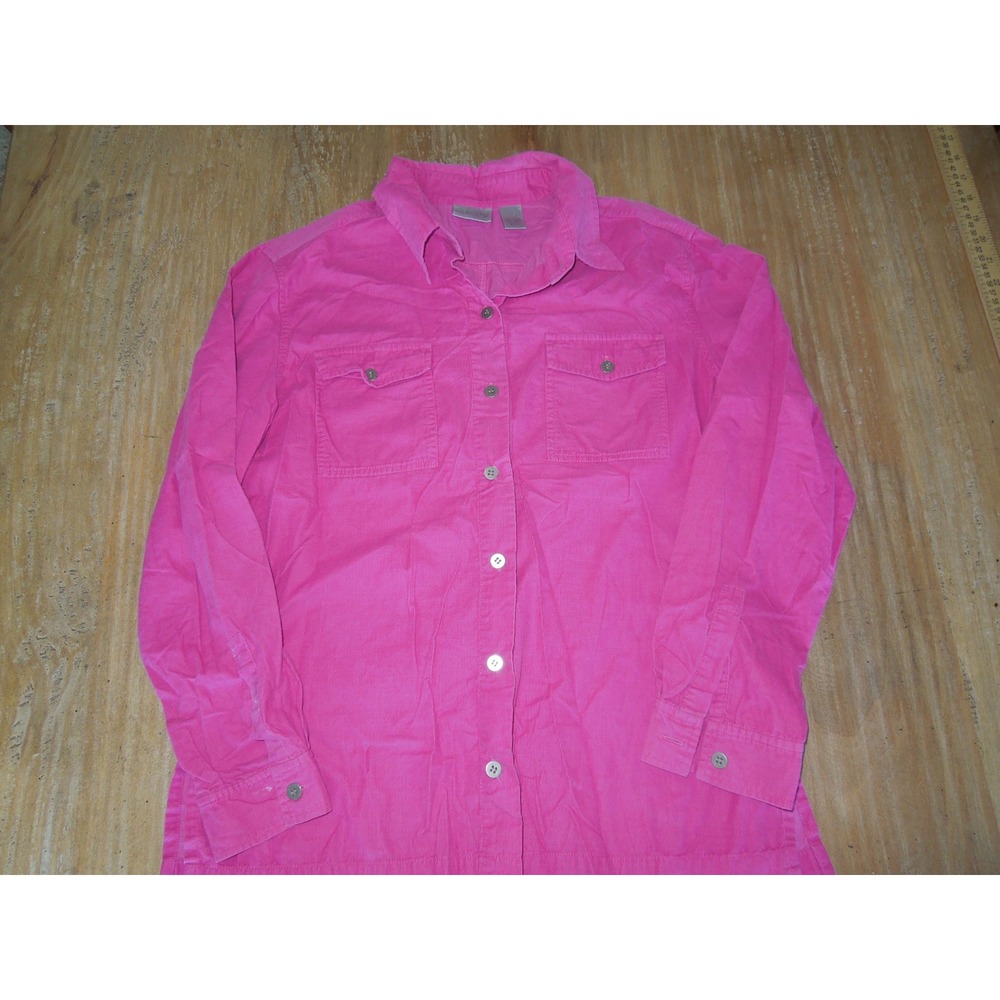Chicos Womens Corduroy‎ Button Down Shirt Pink Long Sleeve Size 1 Medium M Top